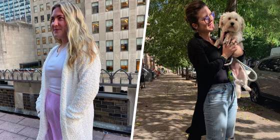 Split image of two woman wearing an Amazon cardigan