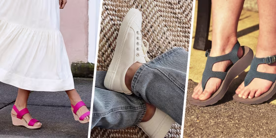 Three images of sandals and sneakers