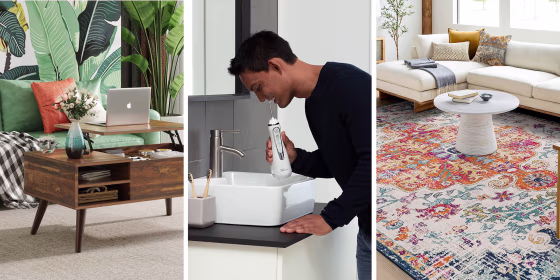 Three images of a rug, a water flosser and a desk all from Amazon