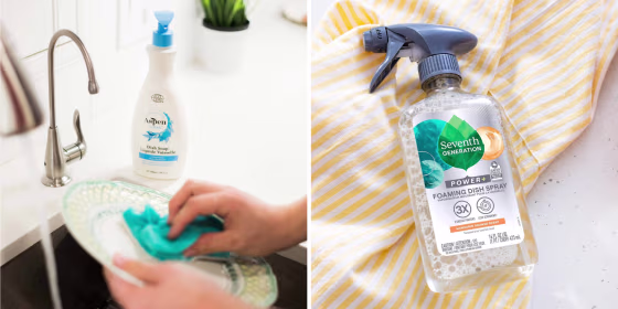 Dish soap is most often available as liquids and sprays, but some brands also make powder varieties.