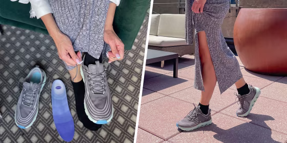 Split image of a Woman putting Dr. Scholl's insoles in her shoes and her walking around in them
