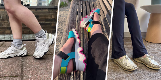 Split image of chunky sandals and sneakers and a pair of boat shoes