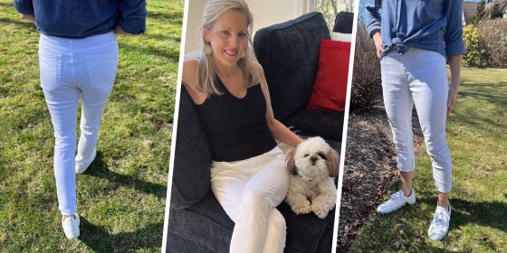 Three images of a women wearing stylish white pants