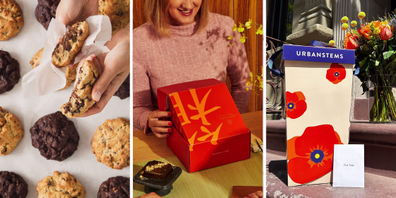 Cookies, Urban Stems box and a red box from Bokksu Classic Gift Box