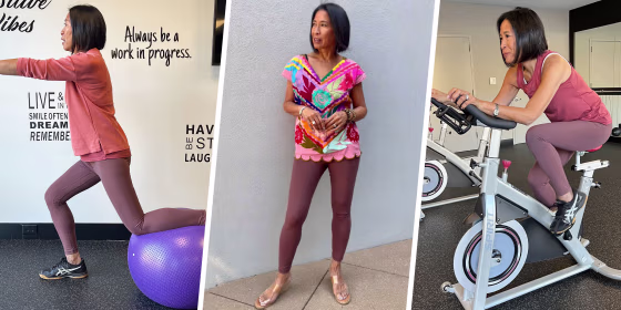 Three images of a woman wearing stylish pink leggings