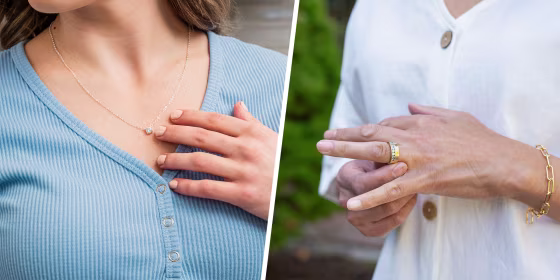 Woman touching her necklace and a women showing off a ring on her finger