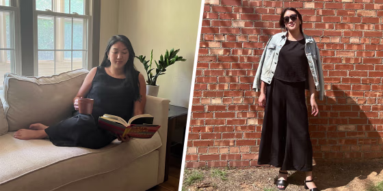 Split image of a Woman wearing a black Amazon two-piece set lounging on the couch and outside with a jean jacket