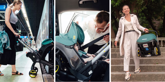 Three different images of the Doona stroller and carseat