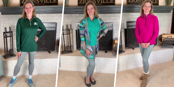 Three images of a Woman wearing the Satina High-Waisted Leggings, styled differently