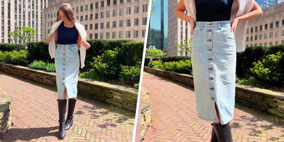 Split image of a women in a jean skirt