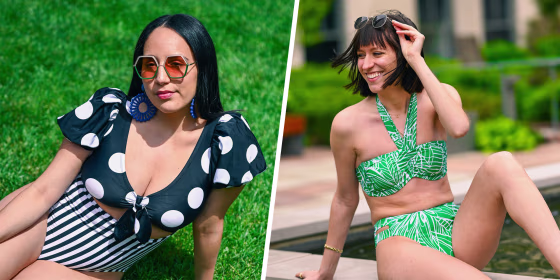 Split image of two Women wearing high-waisted bathing suits