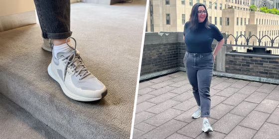 Split image of a close up and fill length shot of a Woman wearing the new Lululemon sneaker