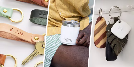 Three images of a Man holding a Yeti cup, an Amazon tile and a personalized key chain