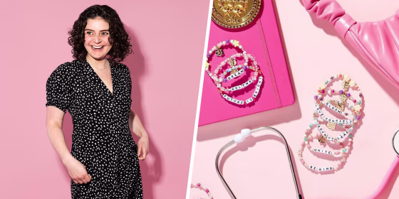 Split image of a smiling women wearing a heart dress and bracelets