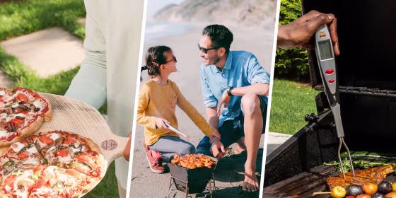 Image of a Father and daughter grilling on the beach, a grill pizza pan and a close up of a grill thermometer