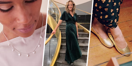 FitFlop Allegro Leather Ballerinas Flats, a Women wearing a green formal dress and pearl hearts drop necklace