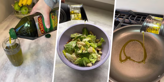 Three images of the Olive Oil and Vinegar Dispenser Set in use while cooking