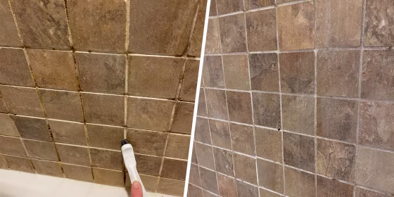 Split image of someone cleaning shower tiles and an after of clean shower tiles