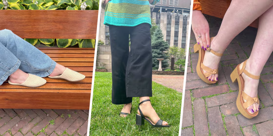 Three images of differen sandals outside