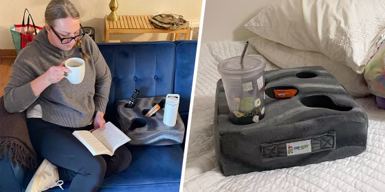 Split image of a woman drinking coffee on her sofa and using a cozy cup holder for her items