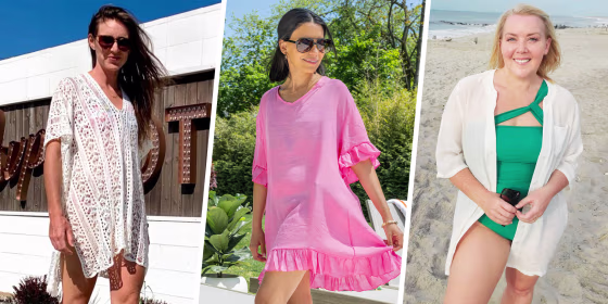 Three women wearing different styles of Summer swim coverups