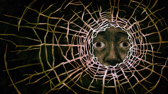 Image: A young, worried child looks through a bullet hole that shattered glass.