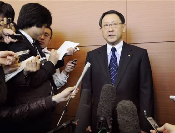 Toyota Motor Corp President Toyoda speaks to reporters in Nagoya