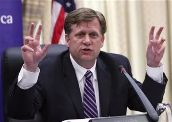 U.S. President Obama's advisor on Russia and Eurasia McFaul speaks during a news conference in Bishkek