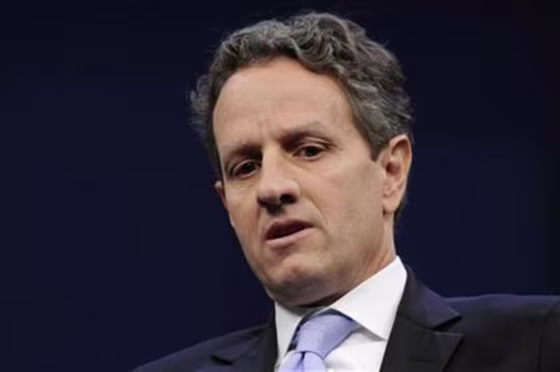 U.S. Treasury Secretary Geithner sits onstage for an interview with Politico's Mike Allen at the Newseum in Washington