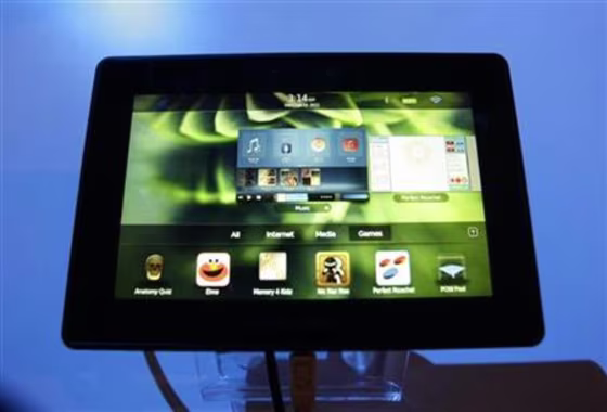A new Blackberry tablet, the PlayBook tablet computer, is displayed at the GSMA Mobile World Congress in Barcelona