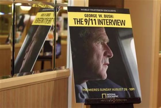 A poster promoting the National Geographic Channel documentary marking the tenth anniversary of 9/11 'George W. Bush the 9/11 Interview' in Beverly Hills