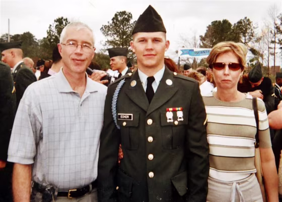 Army veteran Michael Ecker pictured with his parents Matt and Cheryl at his graduation from boot camp