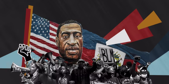Photo illustration: Protestors in front of a mural of George Floyd .