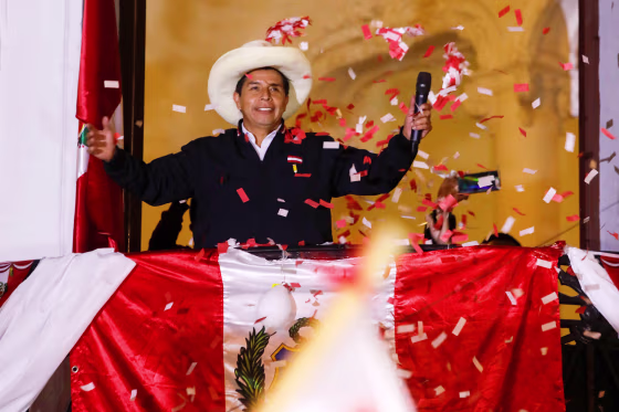 Image: Peru's presidential candidate Pedro Castillo addresses supporters from the headquarters of the "Free Peru" party, in Lima, Peru June 8, 2021.