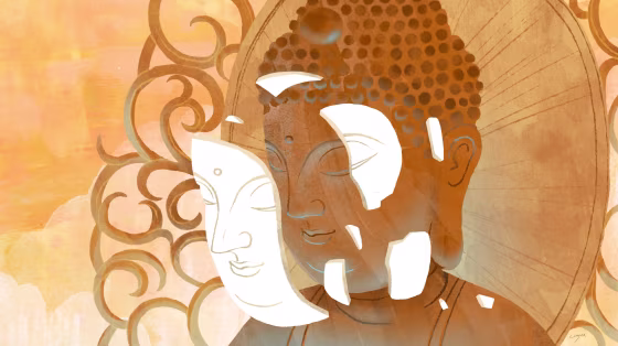 Illustration of white mask on Buddha statue breaking off.