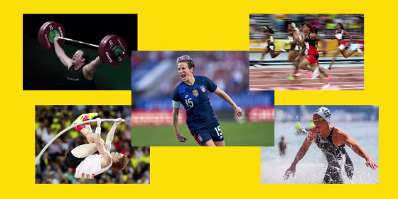 Top row: Laurel Hubbard, Michelle-Lee Ahye. Center: Megan Rapinoe. Bottom row: Shawn Barber, Rachele Bruni.