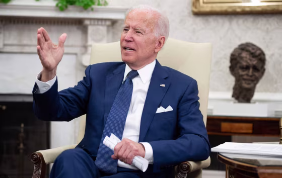 President Joe Biden speaks during a meeting with Iraqi Prime Minister Mustafa Al-Kadhimi in the Oval Office of the White House on July 26, 2021.