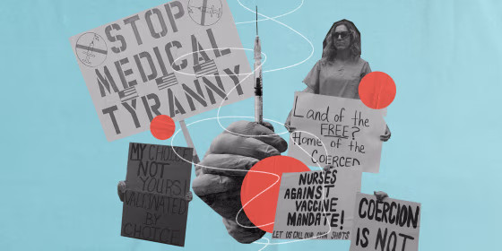 Illustration of anti-vaccine posters, a hand holding a Covid-19 vaccine, and a nurse at an anti-vaccine protest.