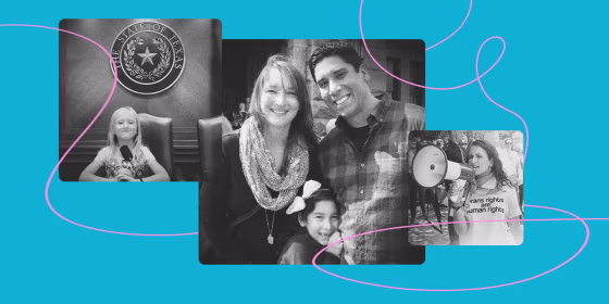 Illustration of Sunny Bryant, the Gonzalez family, and Annaliese Cothron protesting.