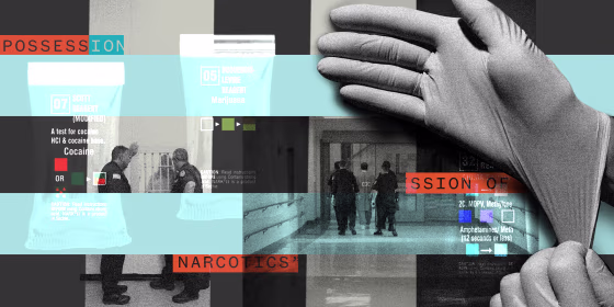 Photo illustration: Image of a hand wearing nitrile gloves over scenes from a correctional unit, two correctional officers standing next to the pharmacy and officers taking an inmate in handcuffs. Packets of drug testing kits are juxtaposed over the image