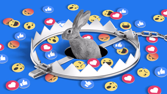 Illustration of a rabbit coming out from a hole in the ground covered by a bear trap with Facebook emojis scattered across the ground.