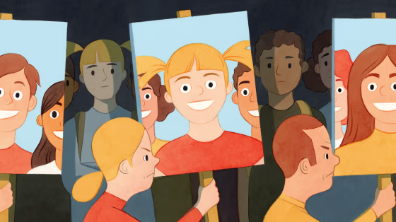 Illustration of angry parents protesting with signs of their smiling children, as their forlorn children watch from afar.