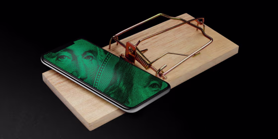 Illustration of a phone on top of a mouse trap. The eyes of George Washington and Ben Franklin on American bills are seen on the phone screen.