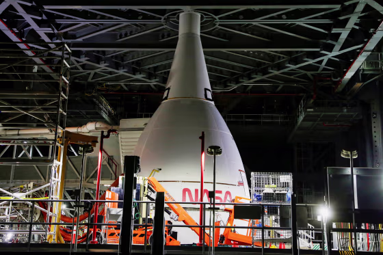 NASA's Artemis program moon rocket's Orion crew capsule is shown inside the Vehicle Assembly Building at Kennedy Space Center in Cape Canaveral, Fla., on Nov. 5, 2021.