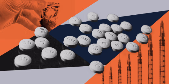 Photo illustration of opioid pills, fentanyl and syringes.