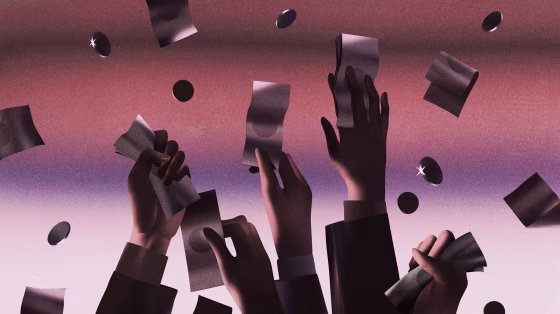 Illustration of hands with suit sleeves reaching and grasping falling money and coins.