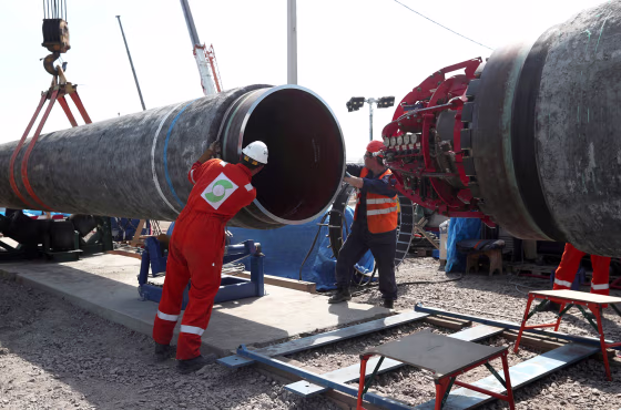 Workers at the construction site of the Nord Stream 2 gas pipeline, near the town of Kingisepp, Leningrad region, Russia, on June 5, 2019.