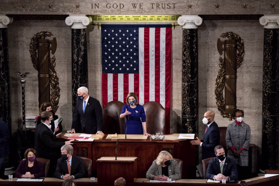 Vice President Mike Pence and House Speaker Nancy Pelosi, D-Calif., officiated as a joint session of the House and the Senate convened at the Capitol on Jan. 6, 2021, to confirm the Electoral College votes cast in the presidential election.
