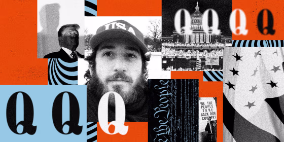 Photo illustration of Justin at the Capitol, then-President Donald Trump, the Capitol Riot, an American flag, repeating "Q"'s, the Constitution and a rioter holding a sign that says "We the people take back our country."