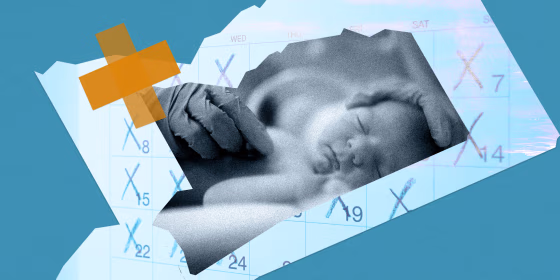 Photo illustration: An image of a newborn baby being examined by a doctor inside the shape of the Mississippi map over a calendar with crossed out dates and a plus sign taped over them.